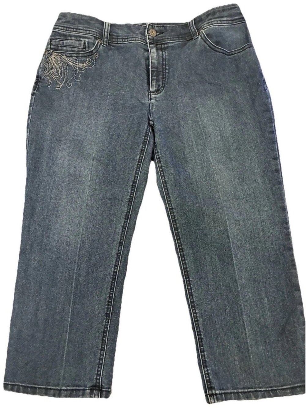 Chico's So Slimming Capri Jeans Womens 0.5 S 6 Dark Wash Embroidered Crop Denim